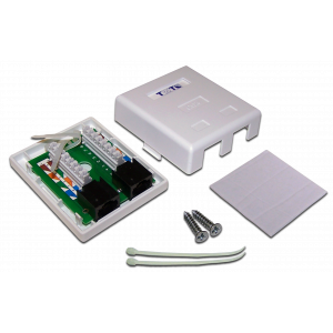 Wall mounting outlet with two RJ-45 category 6 UTP sockets, white